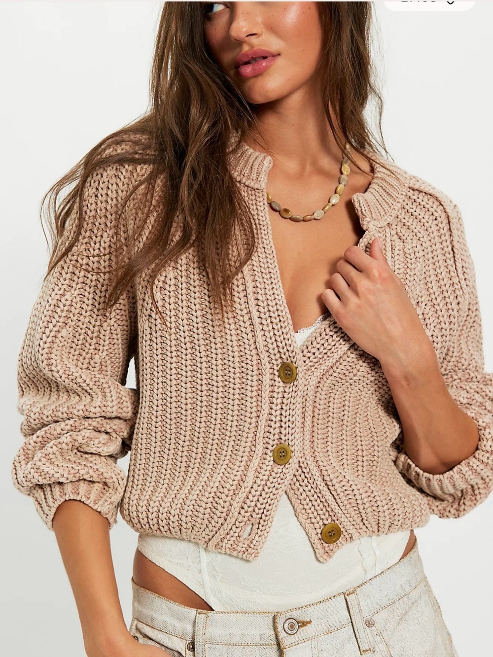 Free People Sweet Nothing Cardi Chunky Crop Cardigan Sand Castle tan M EUC